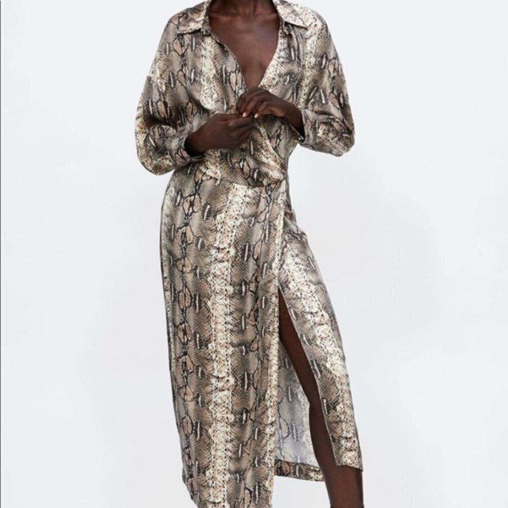 ZARA FLOWING V-NECK SNAKESKIN PRINT LONG SHIRT DRESS | Size Small